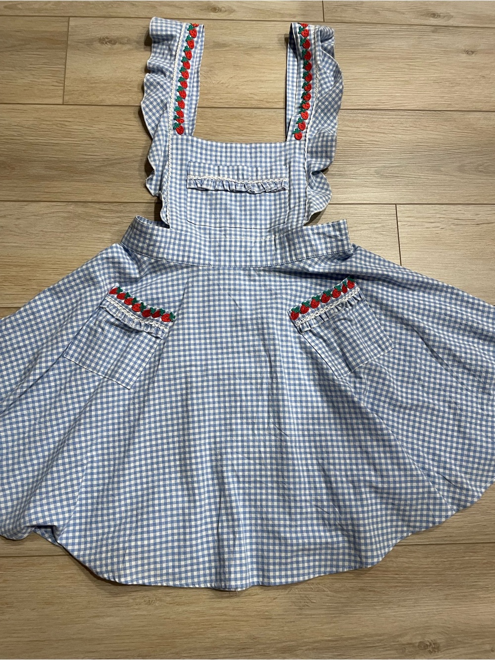 Unique Vintage Blue Gingham Pinafore Skirt with Strawberry Trim